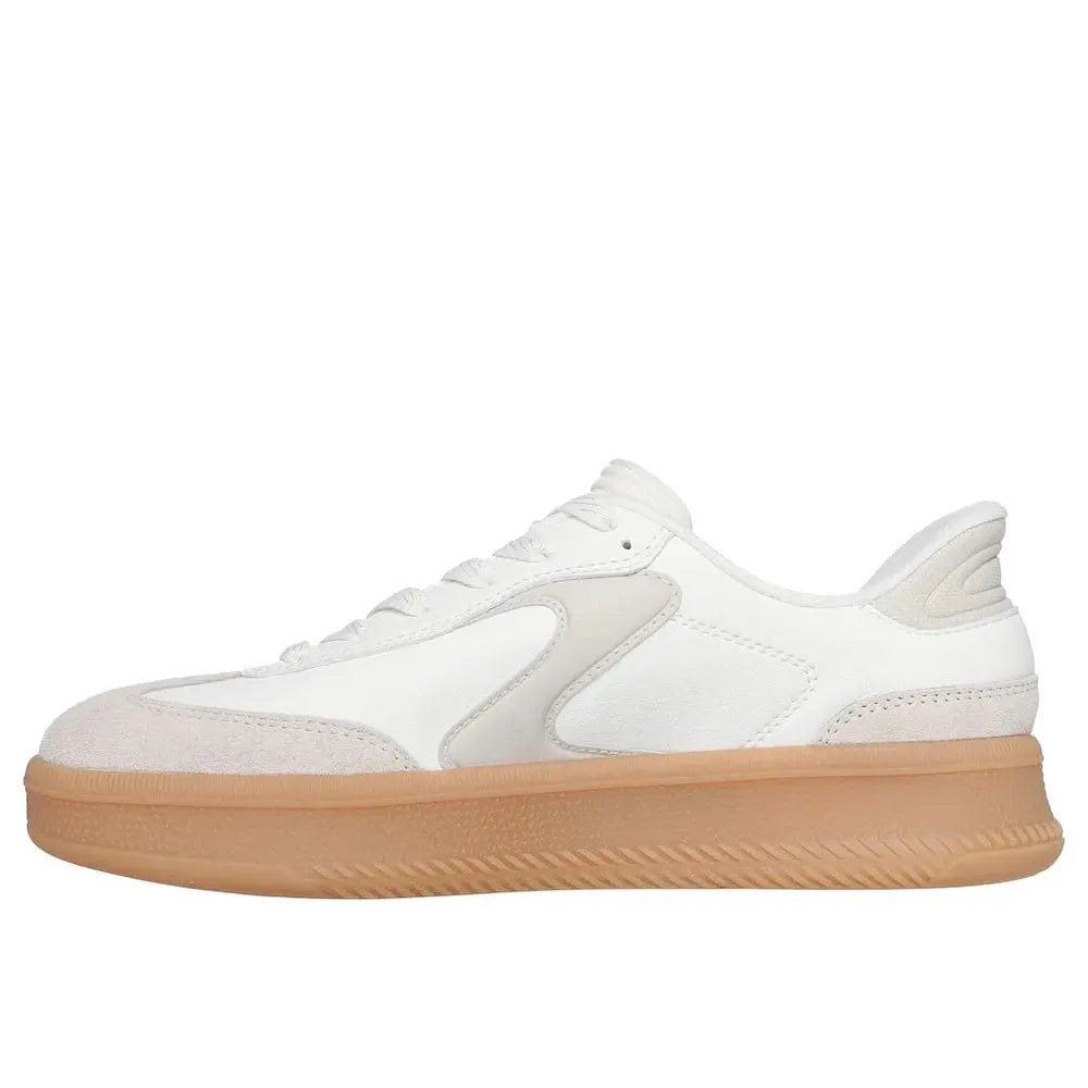 Skechers Hotshot Hi-Lifted Luxe Ladies Off White Suede Lace-Up Trainers with chunky sole and stylish design.
