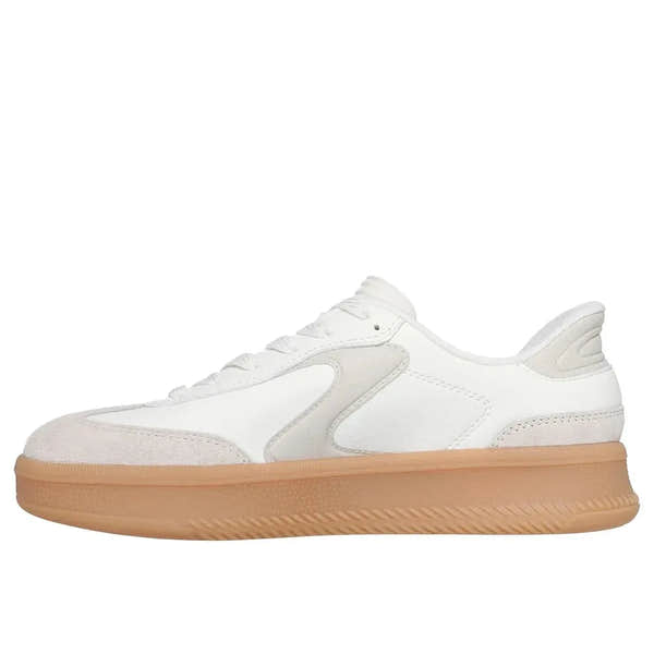 Skechers Hotshot Hi-Lifted Luxe Ladies Off White Suede Lace-Up Trainers with chunky sole and stylish design.