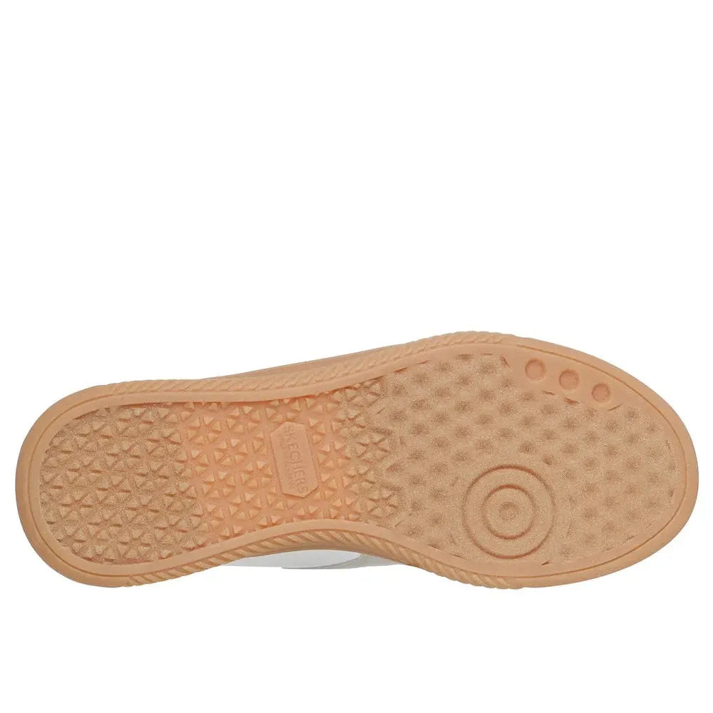 Skechers Hotshot Hi-Lifted Luxe women's off-white suede lace-up trainers with textured rubber outsole and elevated design.