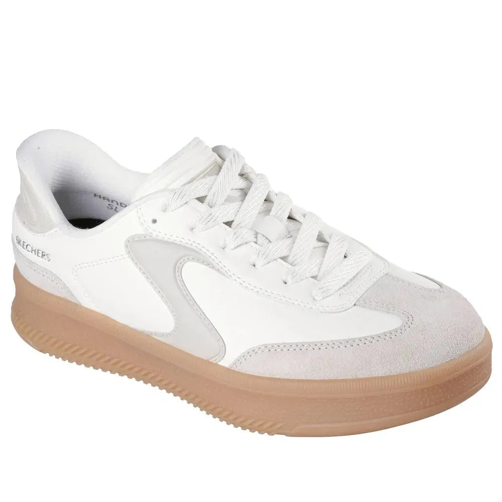 Skechers Hotshot Hi-Lifted Luxe Ladies Off-White Suede Lace-Up Trainers with cushioned sole and stylish design.