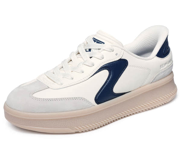 Skechers 185460 Hotshot Hi-Lifted Luxe Ladies Off White/Navy Suede Lace Up Trainers