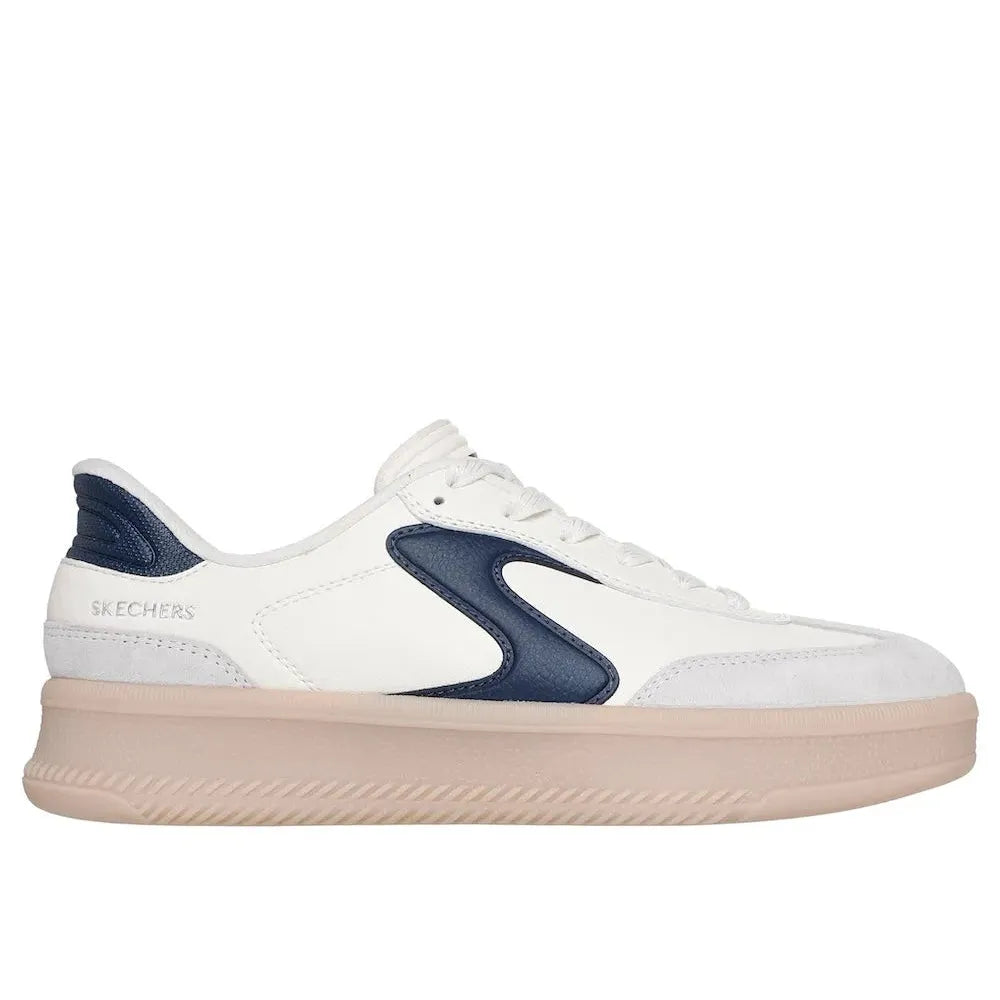 Skechers Hotshot Hi-Lifted Luxe ladies suede trainers in off-white and navy with lace-up design and chunky beige sole.