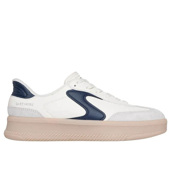Skechers Hotshot Hi-Lifted Luxe ladies suede trainers in off-white and navy with lace-up design and chunky beige sole.