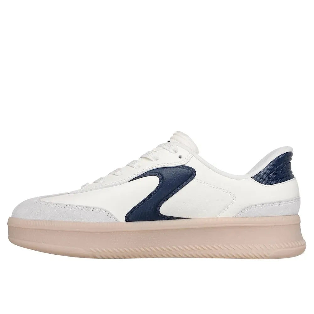 Skechers Hotshot Hi-Lifted Luxe women's trainers, off-white and navy suede, lace-up sneakers with chunky rubber sole.