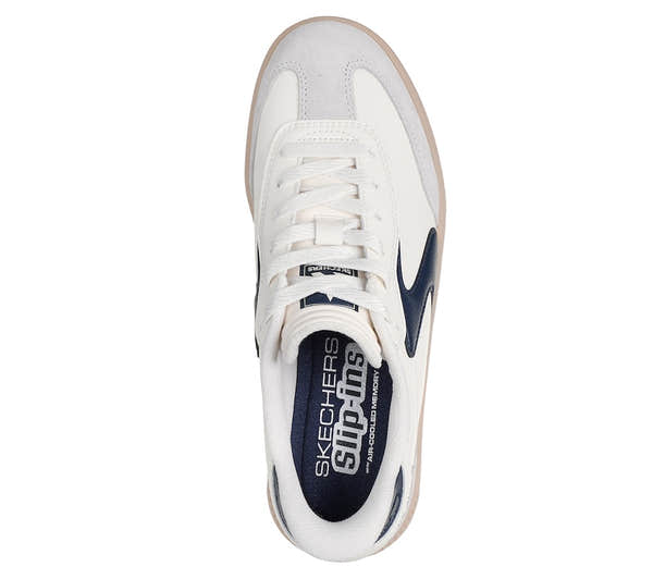 Skechers 185460 Hotshot Hi-Lifted Luxe Ladies Off White/Navy Suede Lace Up Trainers
