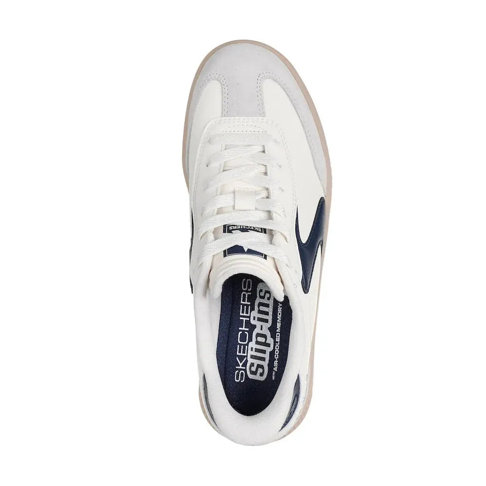 Skechers Hotshot Hi-Lifted Luxe ladies off-white and navy suede lace-up trainers with chunky sole and branding.