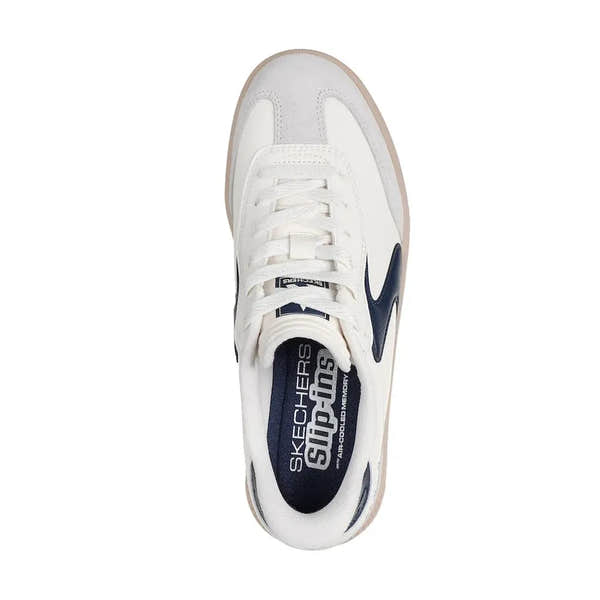 Skechers Hotshot Hi-Lifted Luxe ladies off-white and navy suede lace-up trainers with chunky sole and branding.