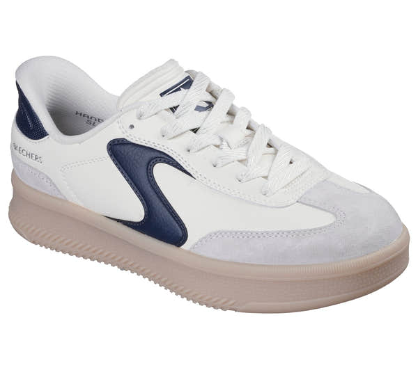 Skechers 185460 Hotshot Hi-Lifted Luxe Ladies Off White/Navy Suede Lace Up Trainers
