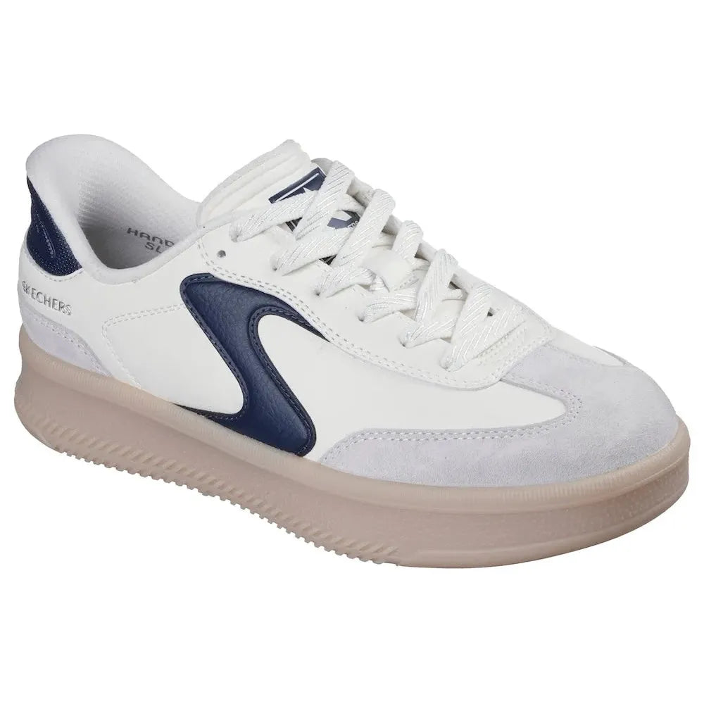Skechers Hotshot Hi-Lifted Luxe women's off-white and navy suede lace-up trainers with chunky sole and stylish design.