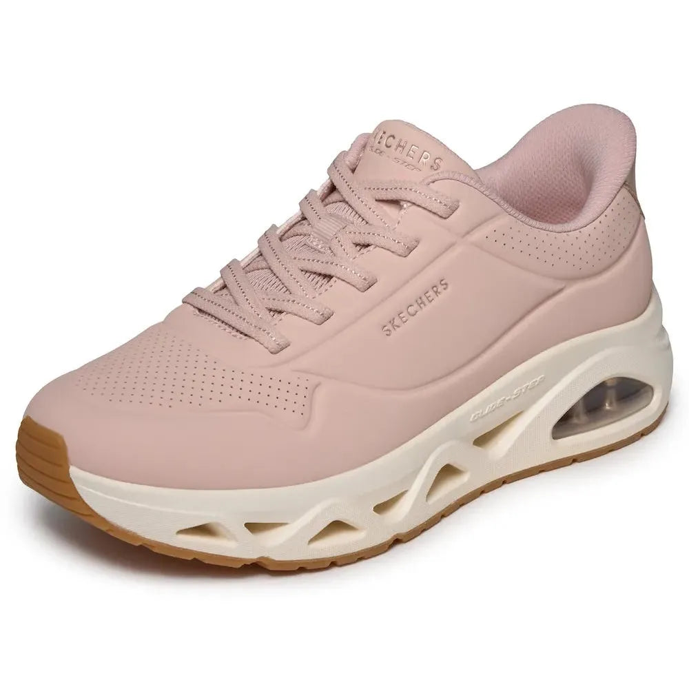 Skechers Uno Glide Air ladies blush slip-on trainers with cushioned sole and air cushion midsole, sporty design.