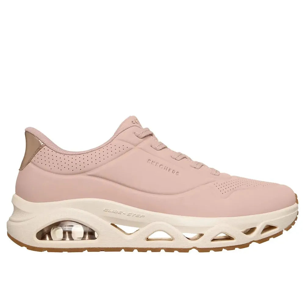 Skechers Uno Glide Air ladies blush slip-on trainers with cushioned sole and visible air cushion for comfort.