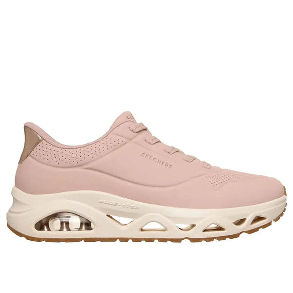 Skechers Uno Glide Air ladies blush slip-on trainers with cushioned sole and visible air cushion for comfort.