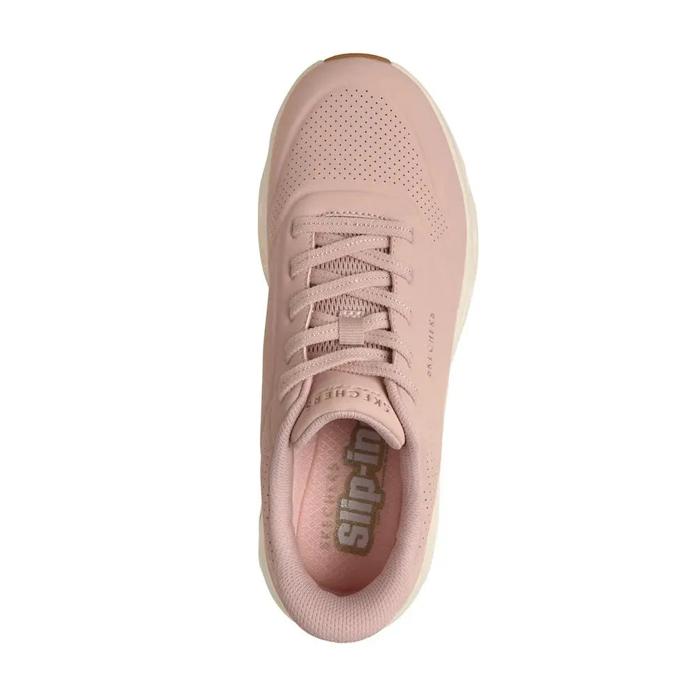 Skechers Uno Glide Air ladies blush slip-on trainers with breathable perforated upper and cushioned sole.