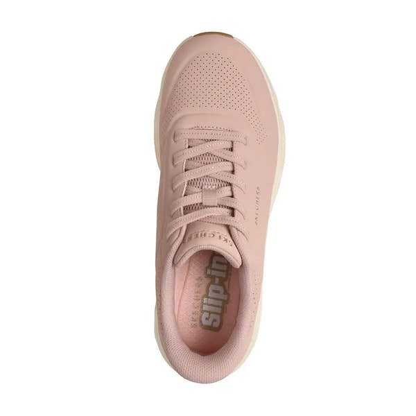 Skechers Uno Glide Air ladies blush slip-on trainers with breathable perforated upper and cushioned sole.