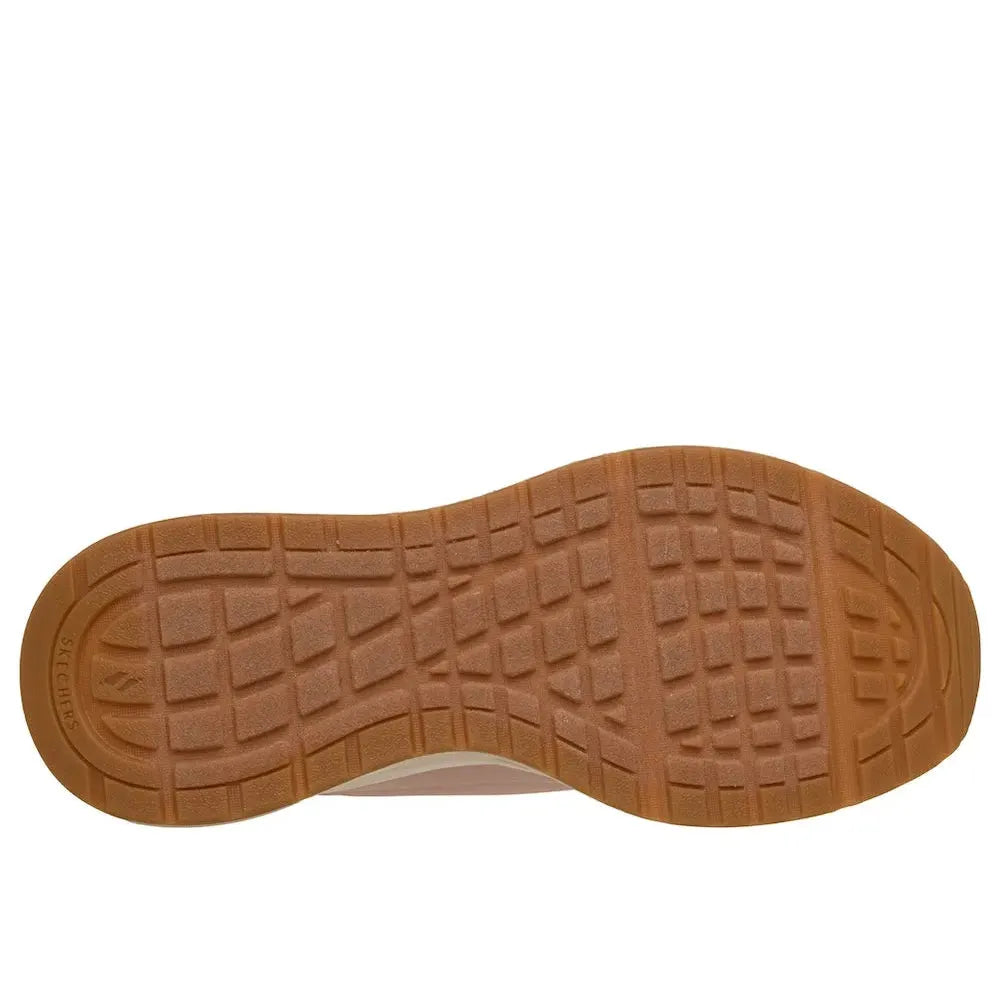 Skechers Uno Glide Air ladies blush slip-on trainers with cushioned sole and textured rubber outsole.