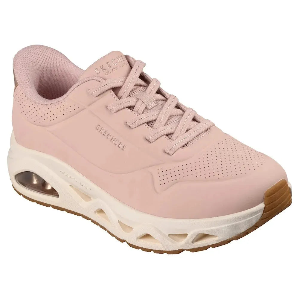 Skechers Uno Glide Air Ladies Blush Slip-On Trainers with cushioned sole and breathable upper, lightweight and stylish for women.