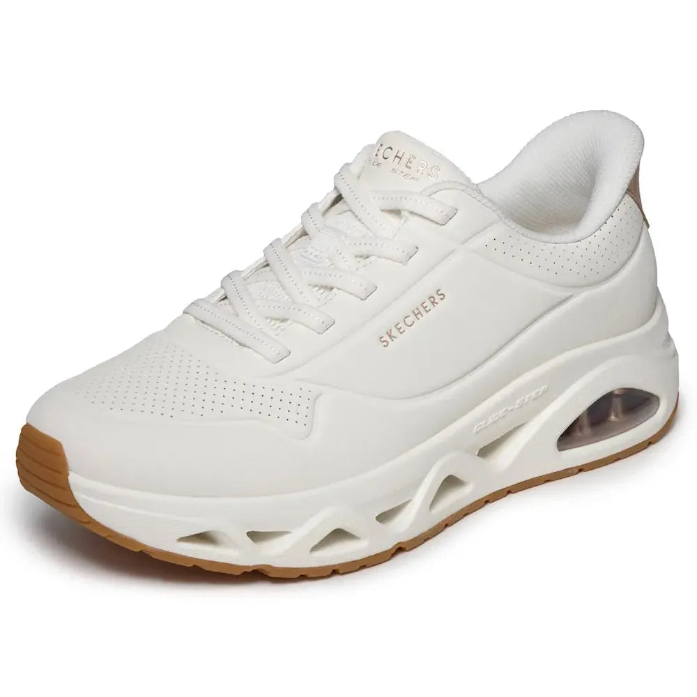 Skechers Uno Glide Air ladies white slip-on trainers with cushioned air sole and perforated upper design.