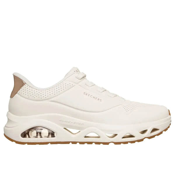 Skechers Uno Glide Air ladies white slip-on trainers with cushioned sole and air cushion midsole for comfort.