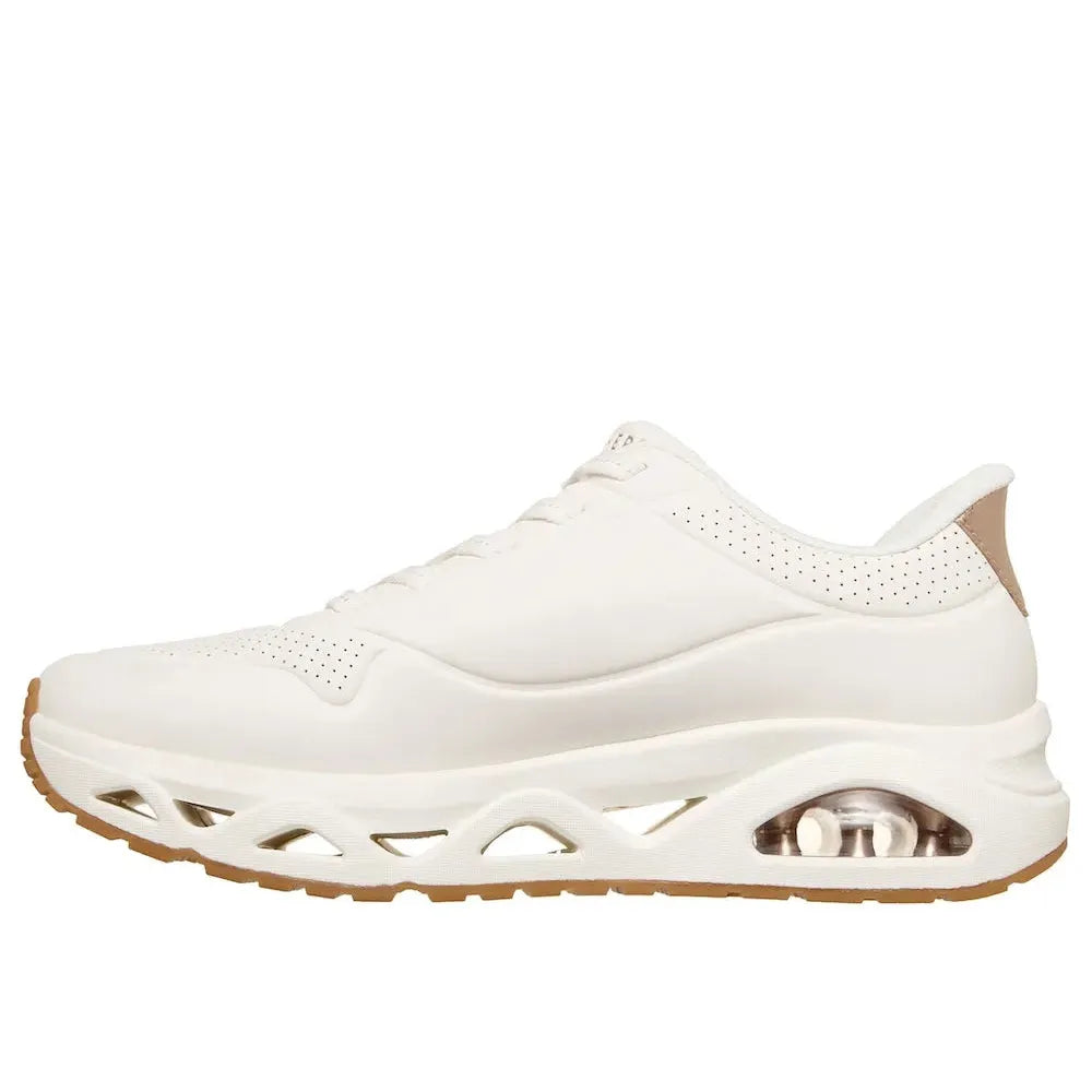 Skechers Uno Glide Air ladies white slip-on trainers with cushioned sole and visible air cushion unit.