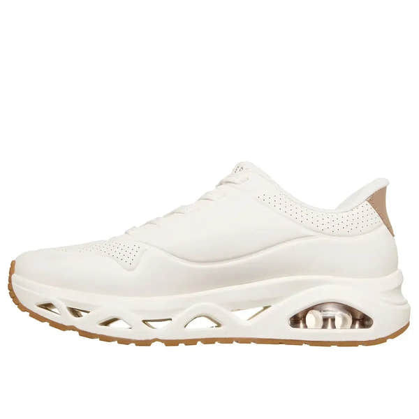 Skechers Uno Glide Air ladies white slip-on trainers with cushioned sole and visible air cushion unit.