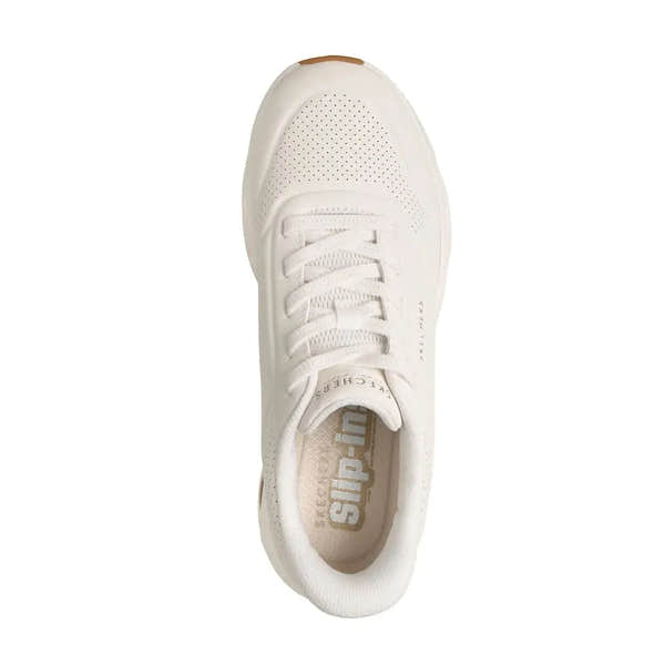 White Skechers Uno Glide Air slip-on trainers for women, lightweight, breathable, with cushioned insole and air cushioning.
