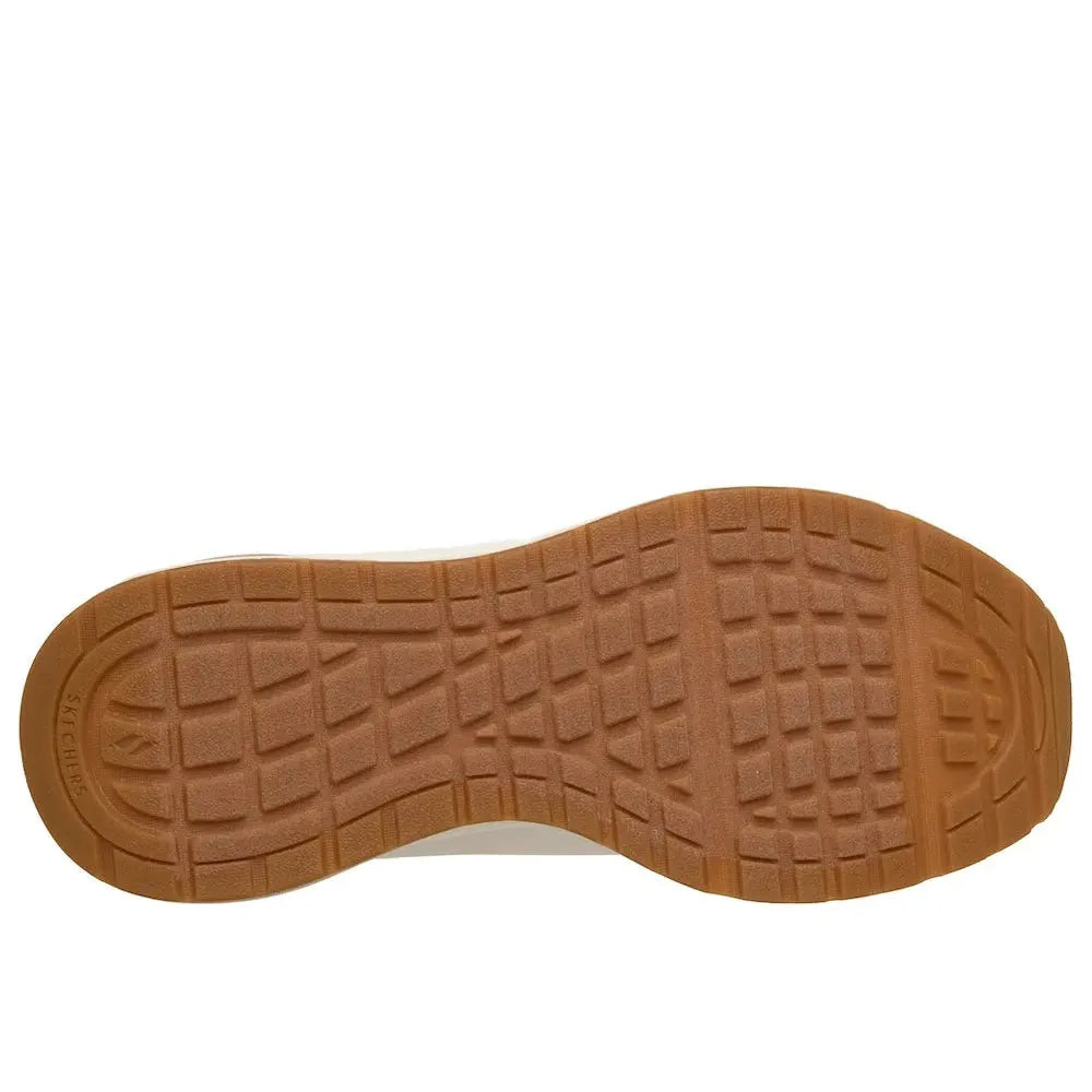 Skechers Women's White Slip-On Trainers, Uno Glide Air model with cushioned sole and textured rubber outsole.