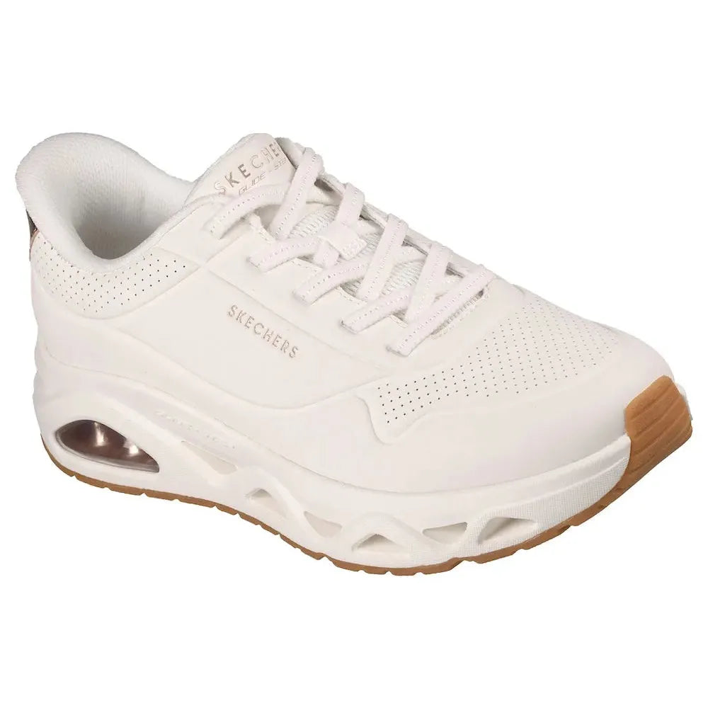 White Skechers Uno Glide Air slip-on trainers for women with cushioned sole and air pocket shock absorption.
