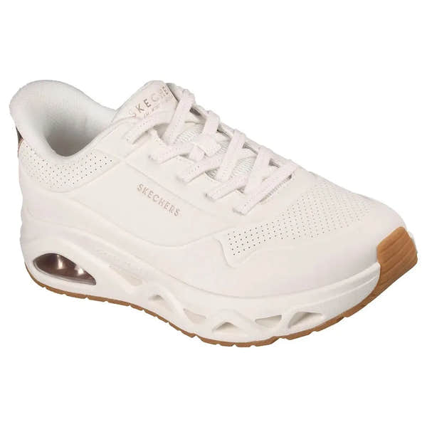 White Skechers Uno Glide Air slip-on trainers for women with cushioned sole and air pocket shock absorption.