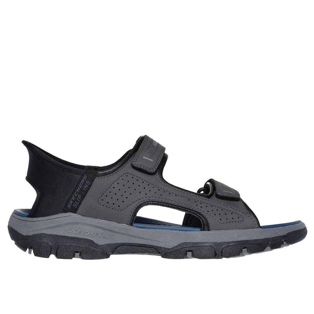 Skechers Tresmen Reece men's charcoal touch fastening sandals with open design and rugged sole.