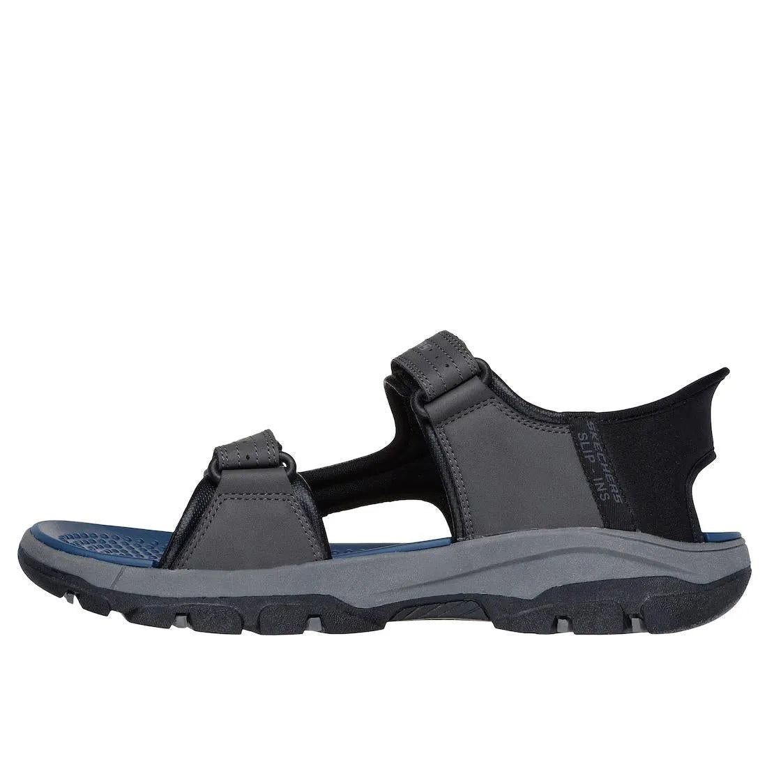 Skechers Mens Tresmen Reece Charcoal Touch Fastening Sandals, sporty outdoor footwear with adjustable straps and rugged sole.