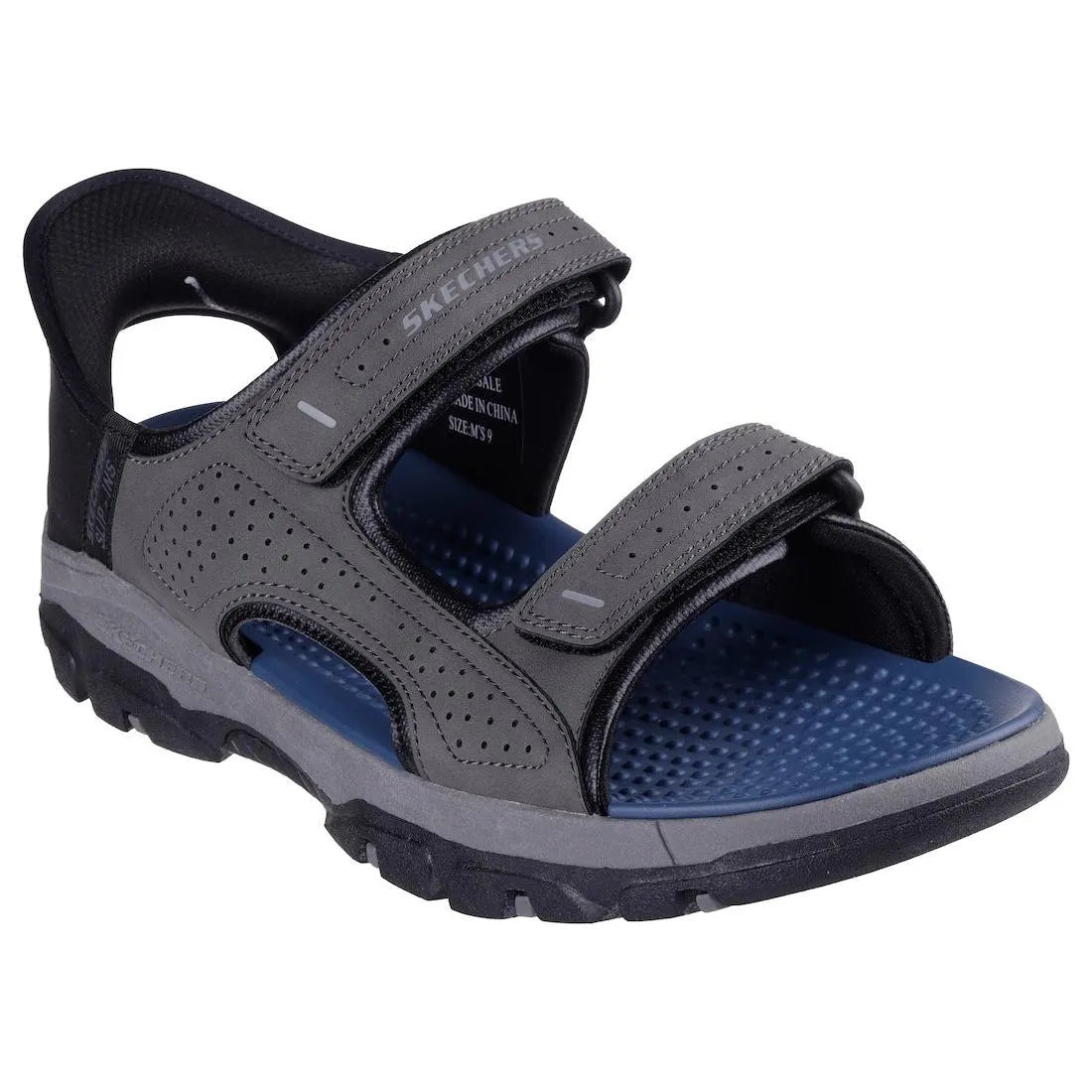Skechers Tresmen Reece men's charcoal touch fastening sandals with cushioned blue footbed and rugged black outsole.