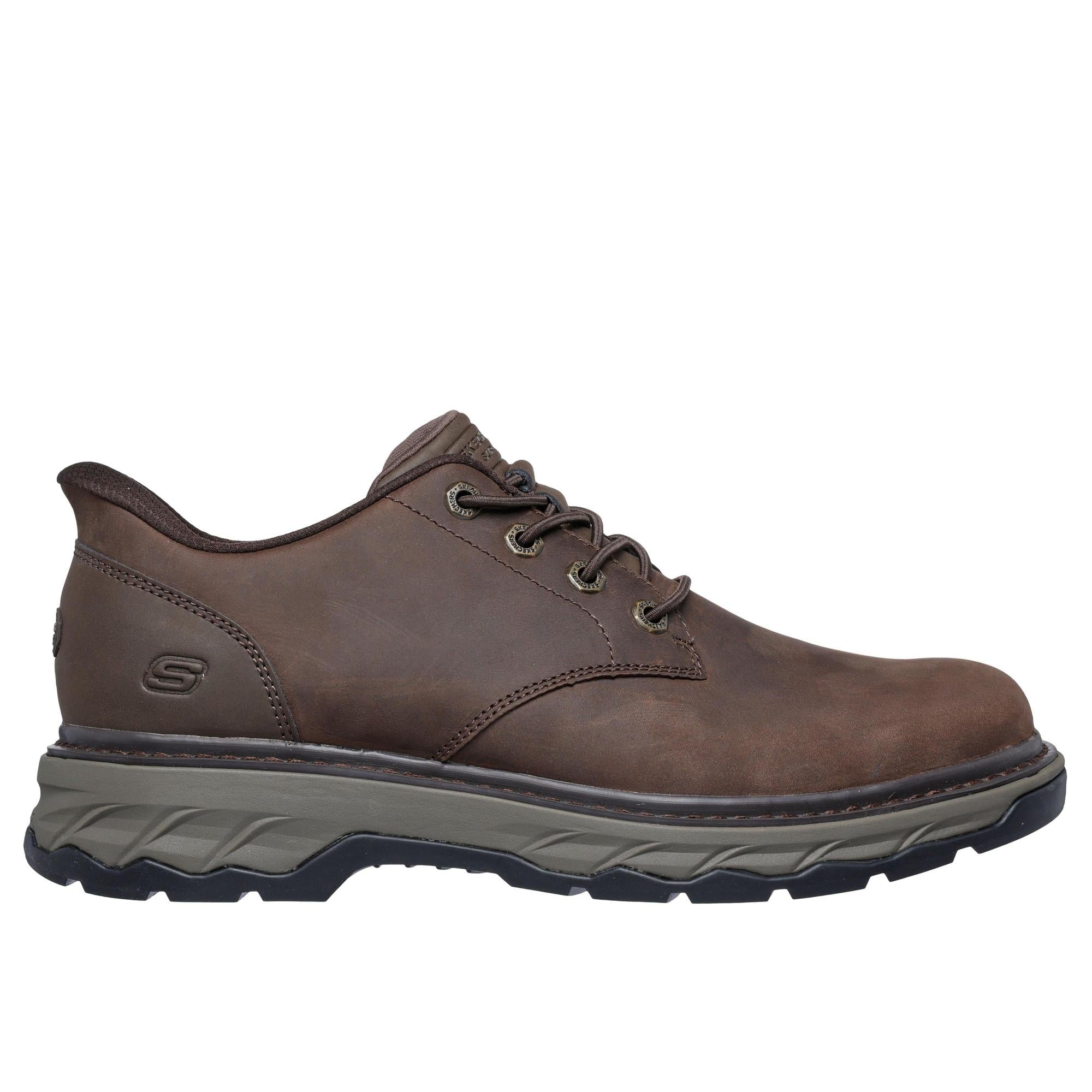 Skechers men's Lockett Gustav slip-on leather shoes in dark brown with arch support and rugged outsole.
