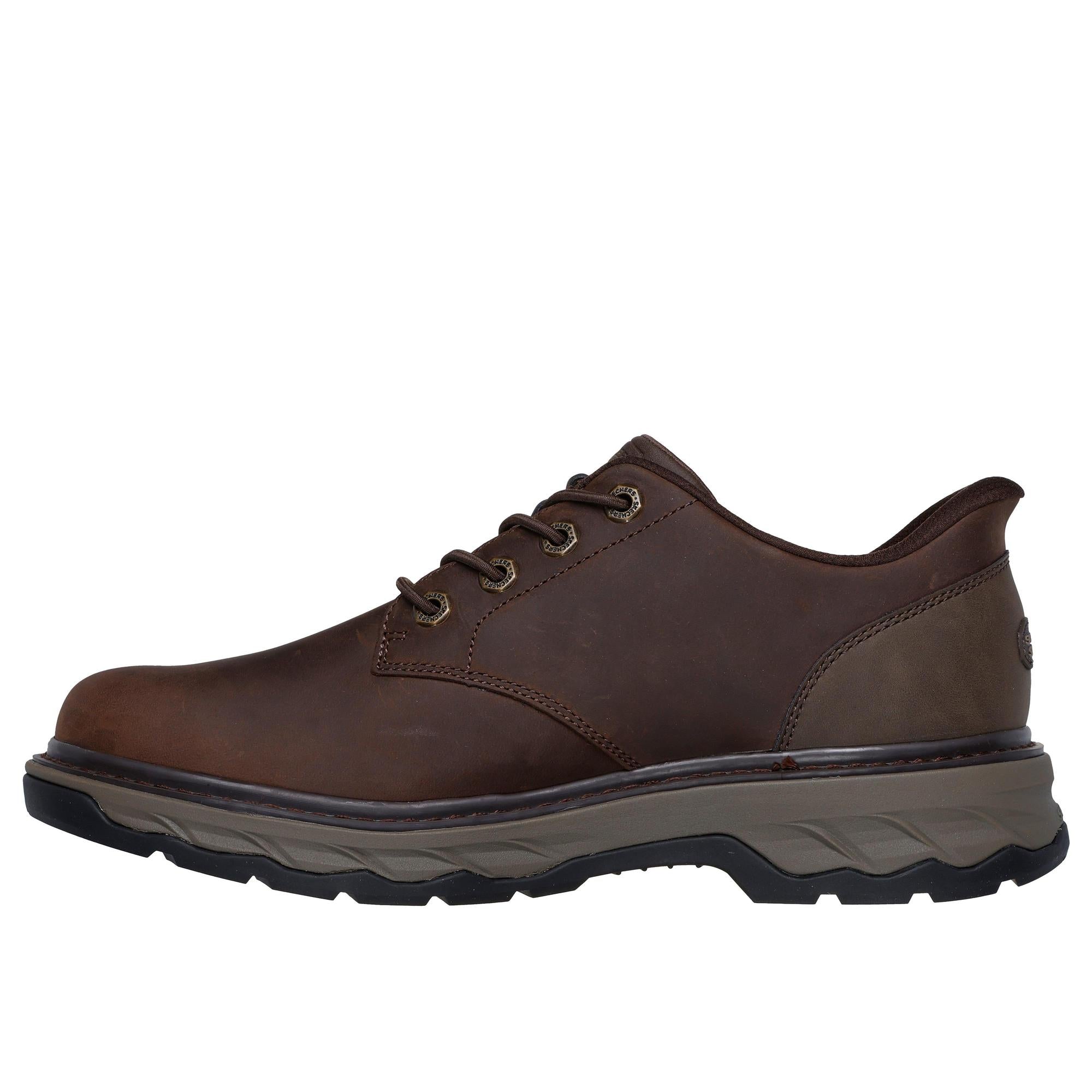 Skechers men's dark brown leather slip-on shoes with arch support, lace-up design, and rugged outsole for comfort and durability.