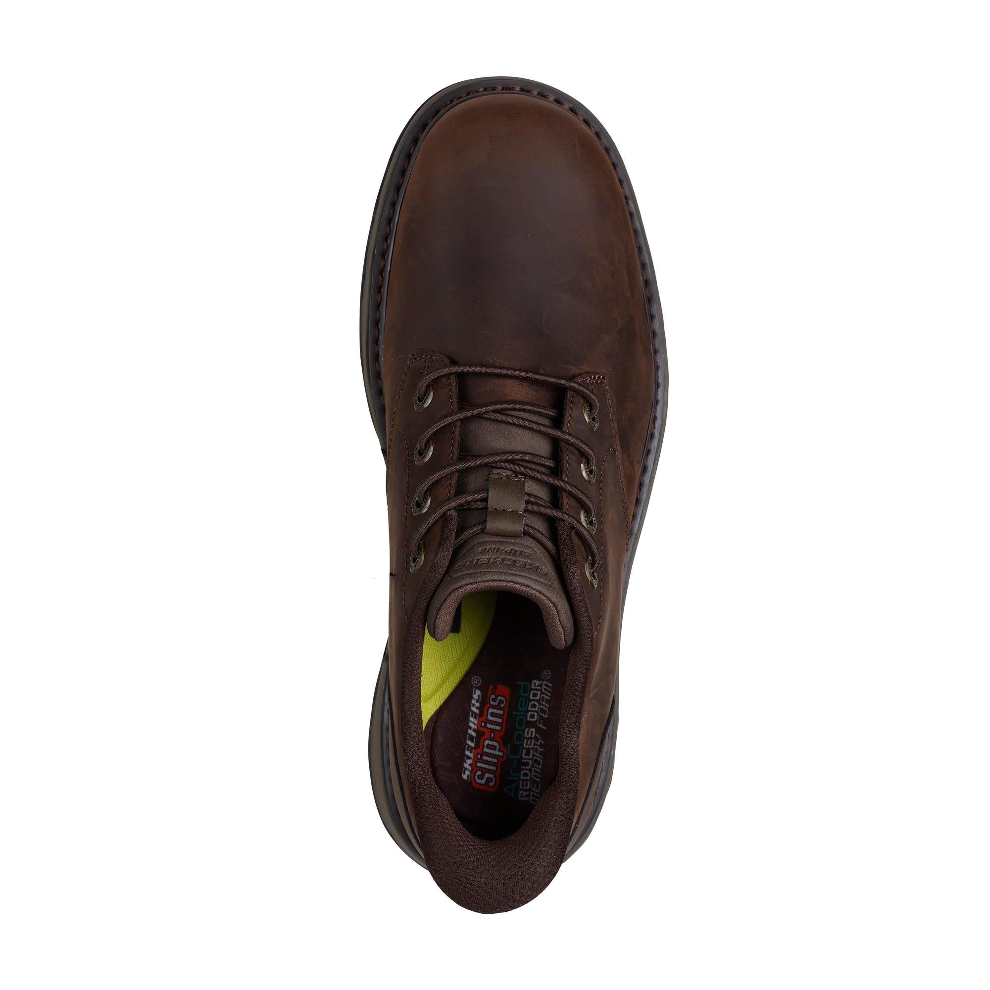 Skechers men's dark brown leather slip-on shoes with arch support and lace-up design, model 205307 Lockett Gustav.