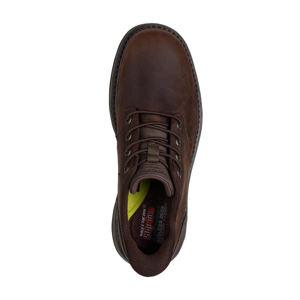 Skechers men's dark brown leather slip-on shoes with arch support and lace-up design, model 205307 Lockett Gustav.