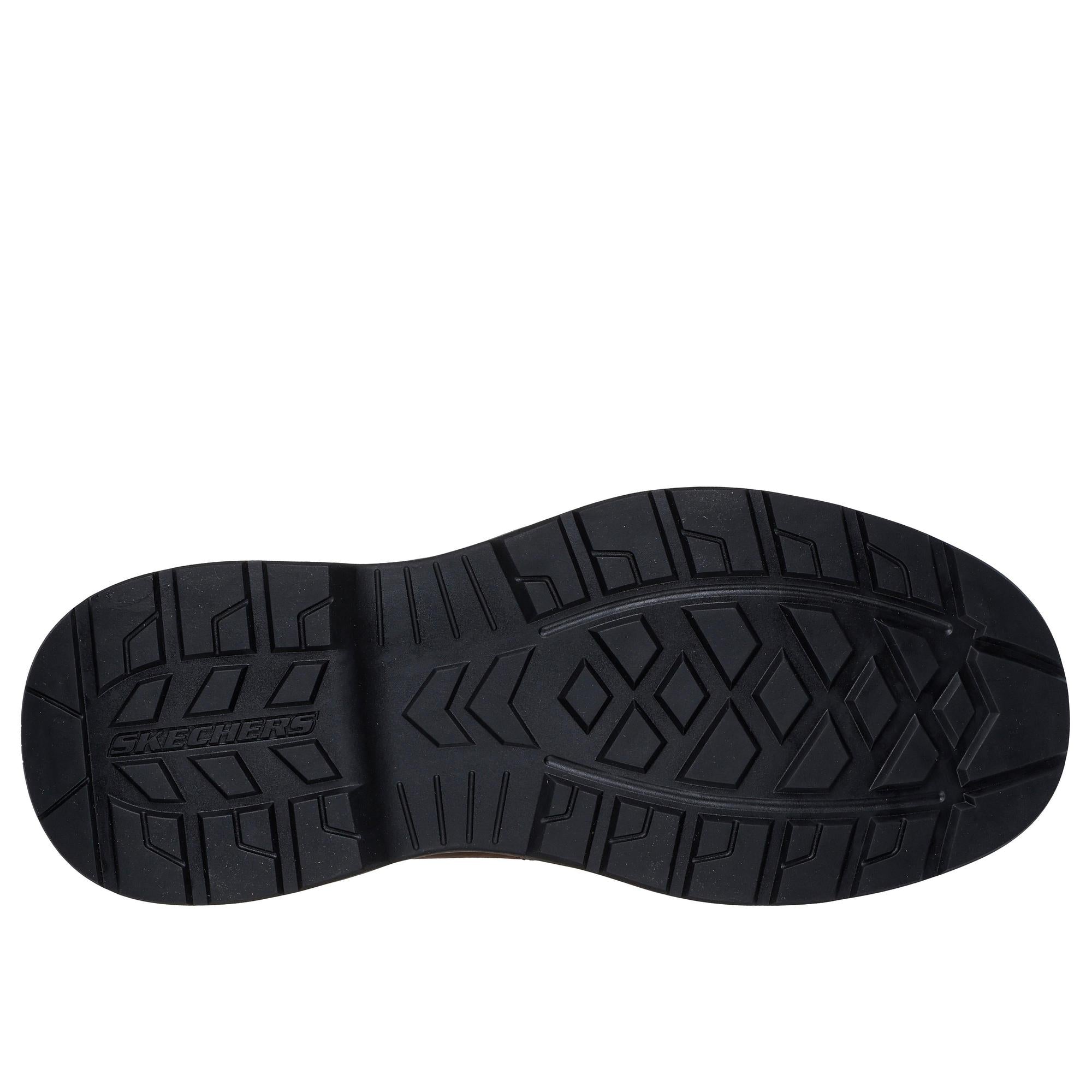 Skechers 205307 Lockett Gustav men's slip-on shoes in dark brown leather with arch support and rugged black rubber outsole.