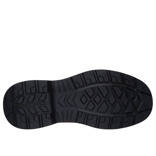 Skechers 205307 Lockett Gustav men's slip-on shoes in dark brown leather with arch support and rugged black rubber outsole.
