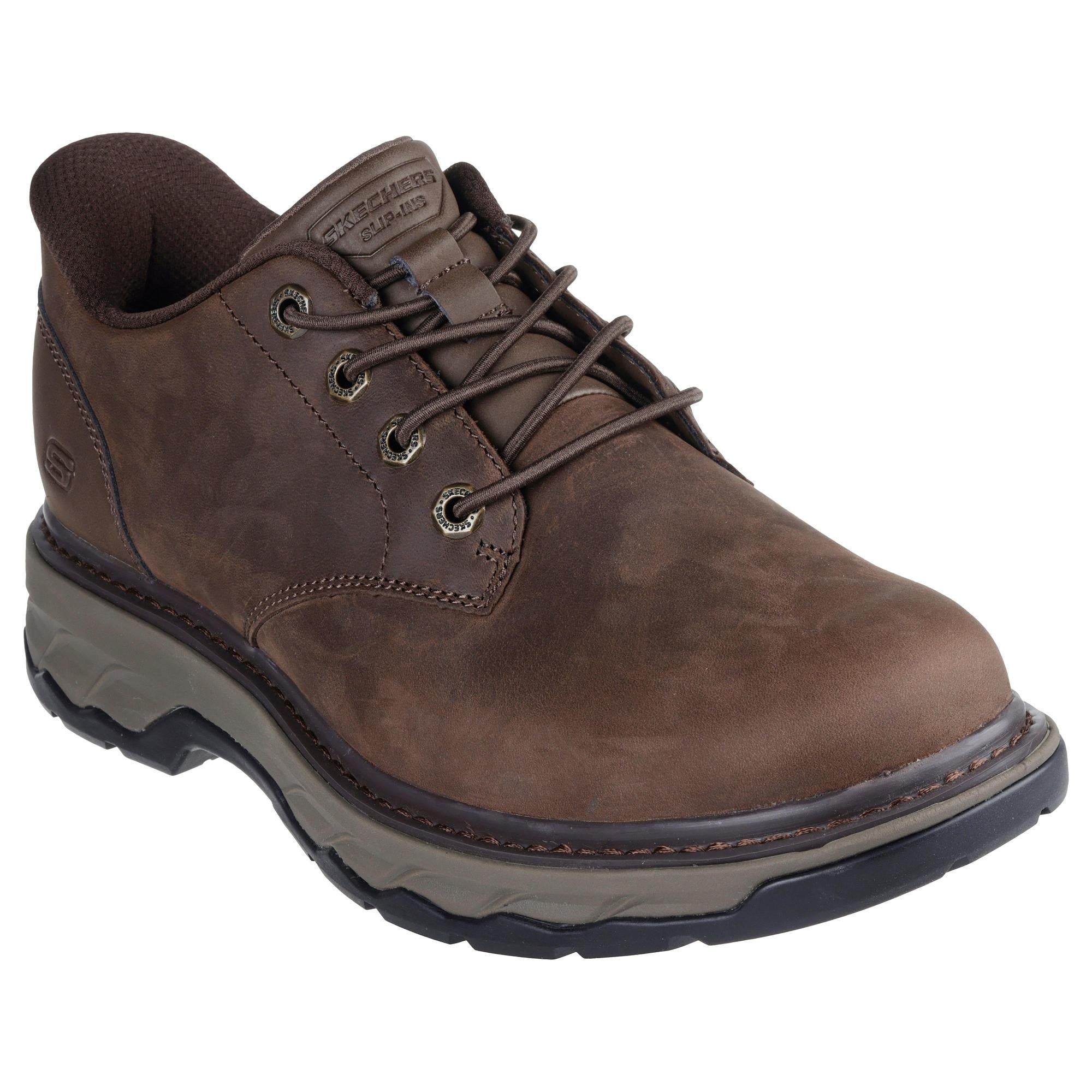 Skechers men's dark brown leather arch support slip-on shoes with lace-up design and rugged outsole.