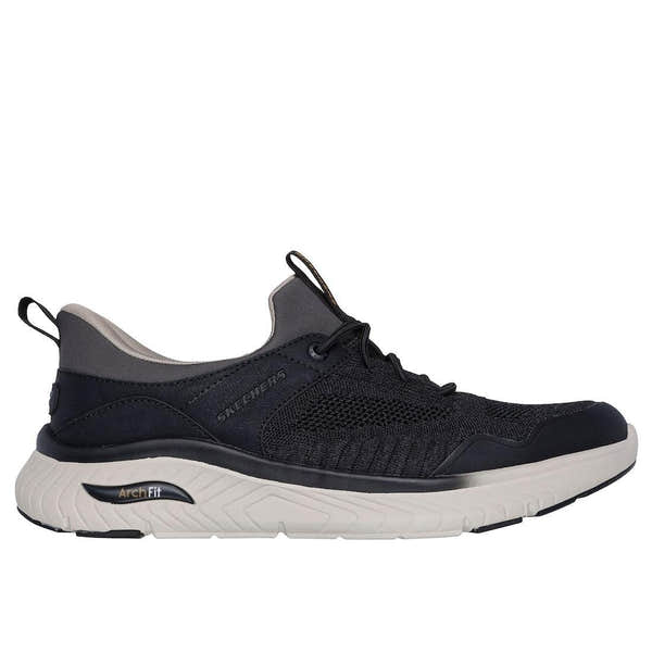 Skechers Arch Fit Crosser Emeric men's black textile athletic trainers with arch support and lace-up closure.