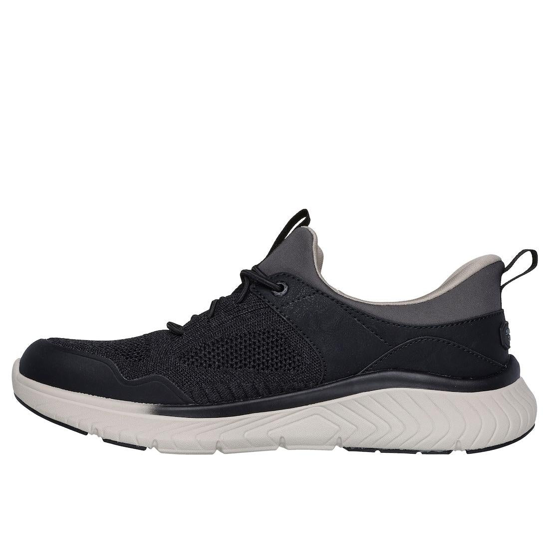 Skechers Arch Fit Crosser Emeric men's black textile athletic lace-up trainers with arch support and cushioned sole.