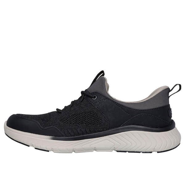 Skechers Arch Fit Crosser Emeric men's black textile athletic lace-up trainers with arch support and cushioned sole.