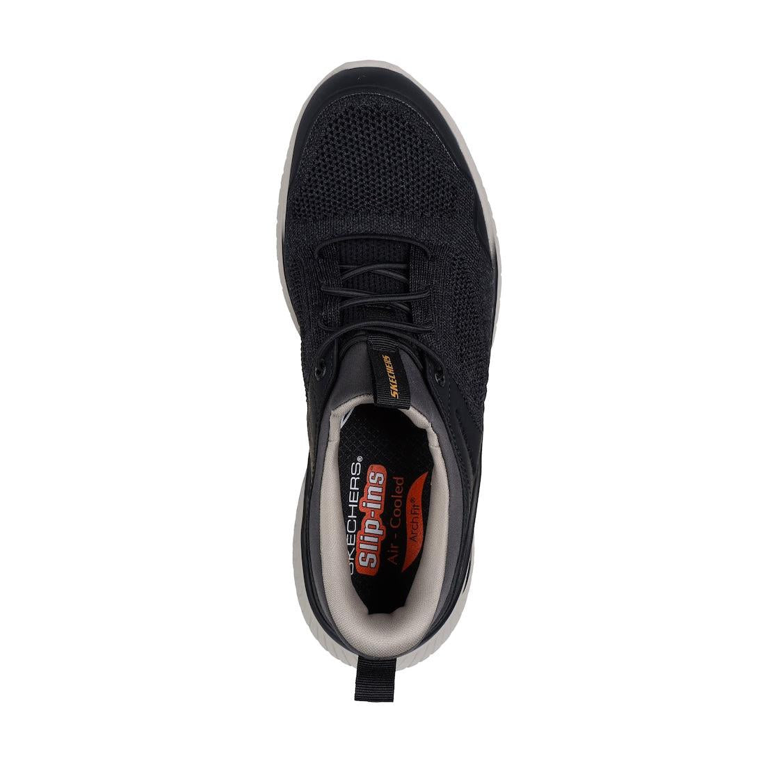 Skechers men's black Arch Fit Crosser Emeric textile lace-up trainers with arch-support and breathable design.