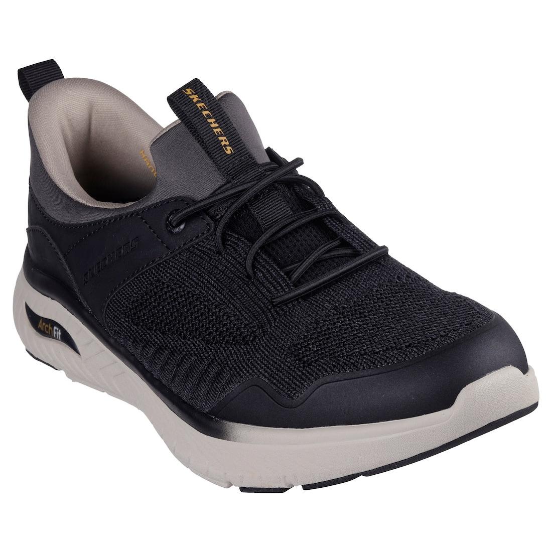 Skechers Arch Fit Crosser Emeric men's black textile lace-up trainers with arch support and cushioned sole.