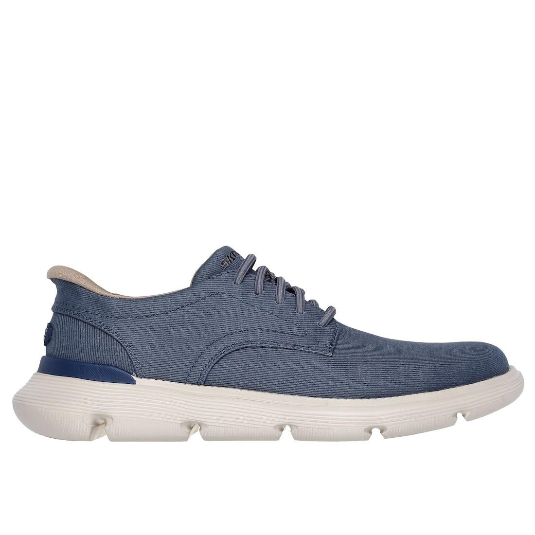 Skechers Garza Clive men's blue textile lace-up trainers with a cushioned white sole and sporty design.