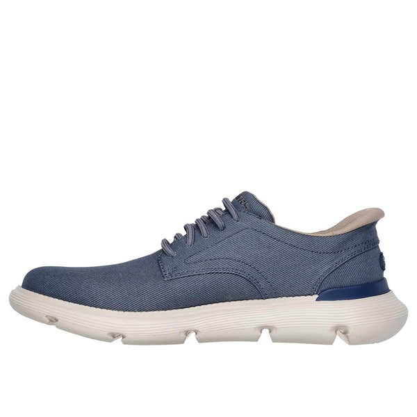 Skechers Garza Clive men's blue textile lace-up trainers with white cushioned sole and ergonomic design.