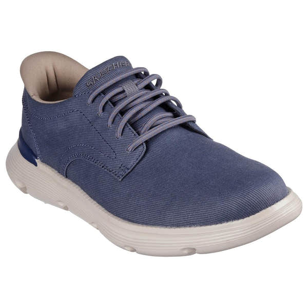Skechers Garza Clive men's blue textile lace-up trainers with cushioned white sole.
