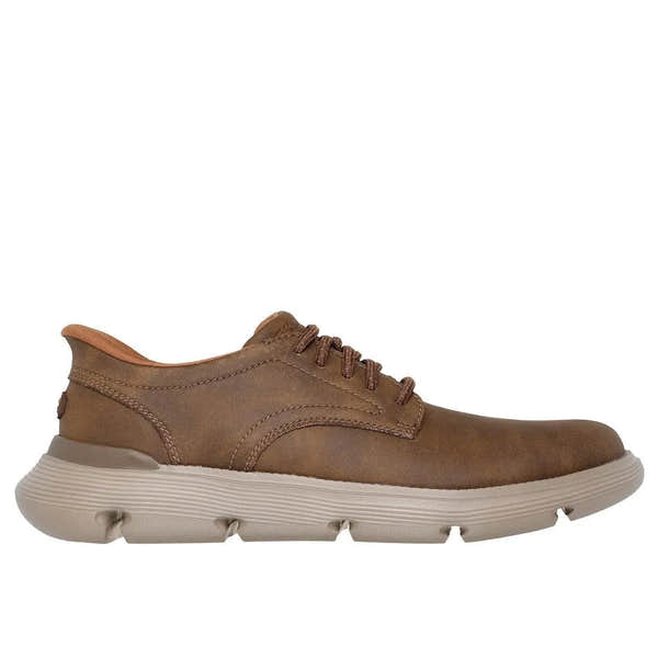 Skechers Garza Duran men's taupe leather lace-up trainers with cushioned sole and casual sporty design.