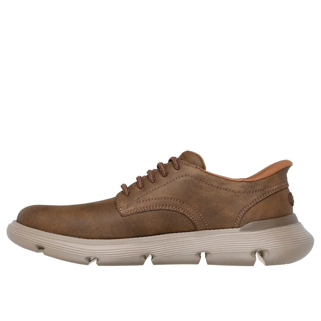 Skechers Garza Duran men's taupe leather lace-up trainers with cushioned sole and sporty design.