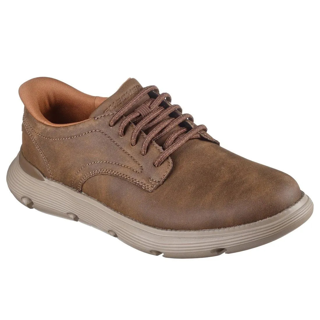Skechers Garza Duran men's taupe leather lace-up trainers with cushioned collar and durable rubber sole.