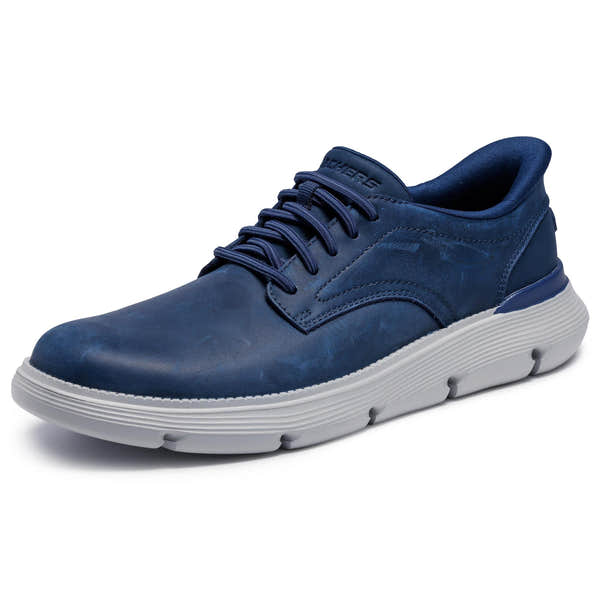 Skechers 205353 Garza - Duran Slip Ins Mens Navy/White Leather Arch Support Slip On Shoes, left side view.